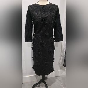 DAVID MEISTER Black Nude Sheer Embroidered Lace Illusion Yoke Sleeves Dress 10